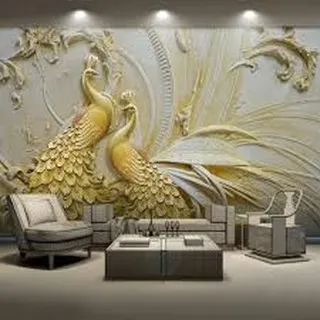 A majestic 3D wallpaper featuring two golden peacocks. This design brings a sense of opulence and traditional Indian symbolism to the living room, creating a luxurious and impressive feature.