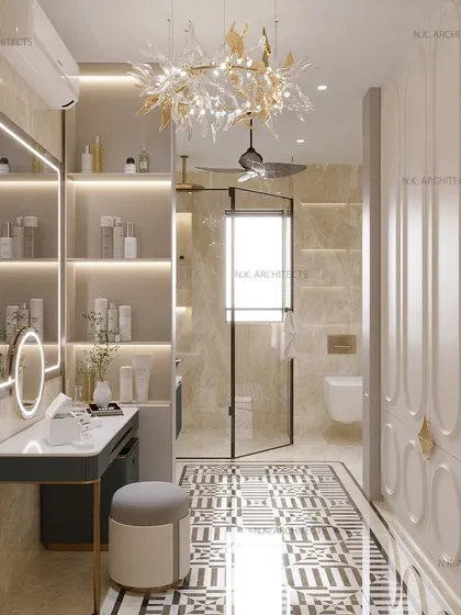 Our washrooms are designed to be a symphony of luxury and refinement. This space combines a dedicated vanity and dressing area with the main washroom, featuring beautiful patterned flooring, elegant lighting, and plenty of storage.