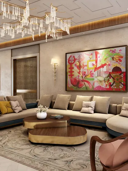 The heart of a Mumbai high-rise where French elegance meets modern flair. This family room features pastel-toned walls, chic French mouldings, and a seamless blend of Michelangelo marble, creating a space bathed in natural light with panoramic sea views.