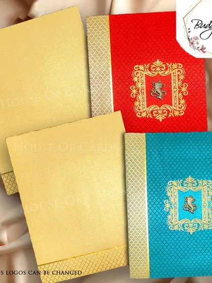 A set of traditional invitations in vibrant red and blue, featuring a customizable crest for any religious symbol.