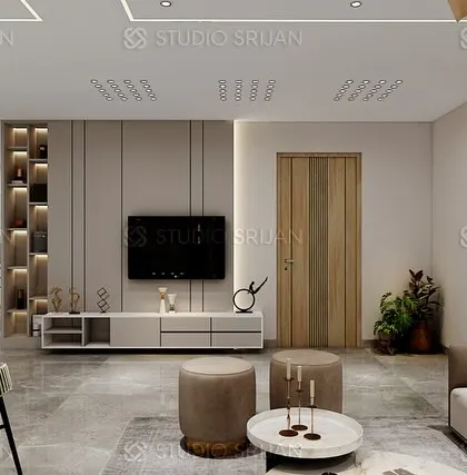 The TV and entertainment area of the DLF project, featuring a minimalist console and a fluted wall panel that adds texture without overwhelming the space.