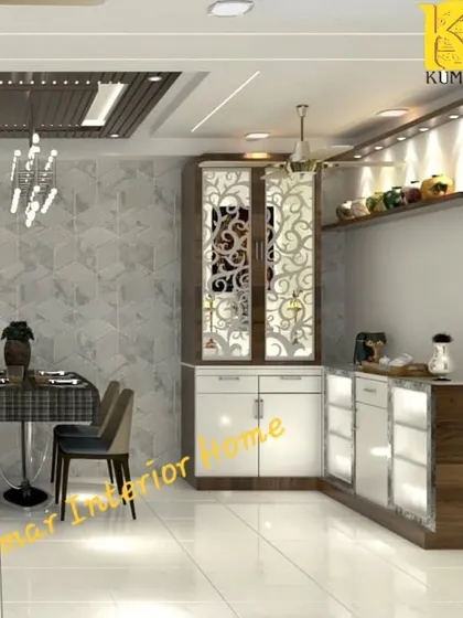 This pooja unit is part of a larger crockery and bar cabinet, showcasing our ability to integrate sacred spaces into multi-functional furniture. The doors feature a beautiful floral jali pattern.
