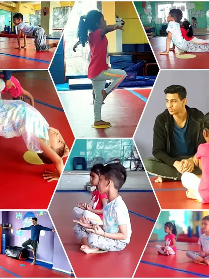 A collage from our fun Yoga Session. Kids practiced various poses, including animal poses and partner stretches, learning about mindfulness and body awareness.