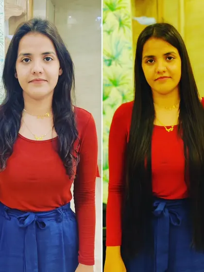 This client's transformation from frizzy to sleek and long is a testament to the power of quality hair extensions.
