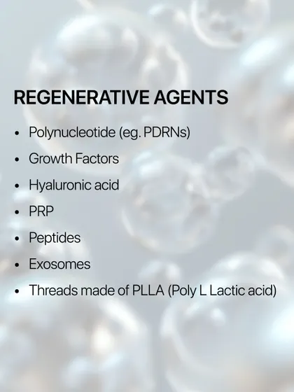 Here is a list of the regenerative agents I use in my practice. This includes growth factors, PRP, peptides, exosomes, and threads, all chosen for their ability to stimulate natural repair.