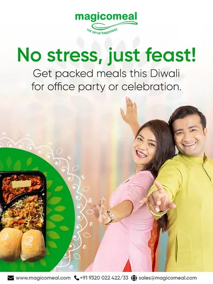 Enjoy your office Diwali party without any stress with my convenient packed meals. This festive thali, complete with Pav Bhaji and Gulab Jamun, brings the celebration right to your desk.