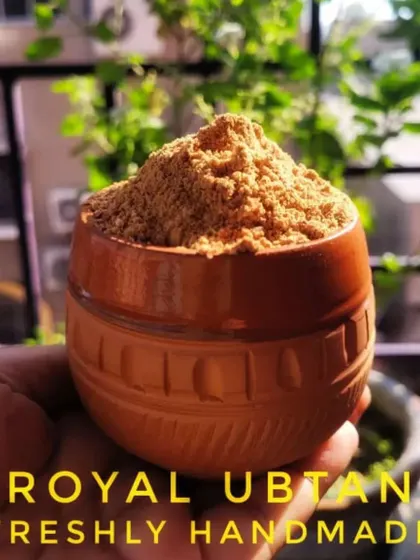 This is my Royal Ubtan, a traditional recipe made with the best herbal ingredients. It's a wonderful treatment for dry or dehydrated skin, helping to reduce pigmentation, fight acne, and promote a natural glow.
