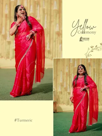A collage of bride Ahana at her Haldi, her bright red saree a beautiful contrast to the traditional yellow theme.
