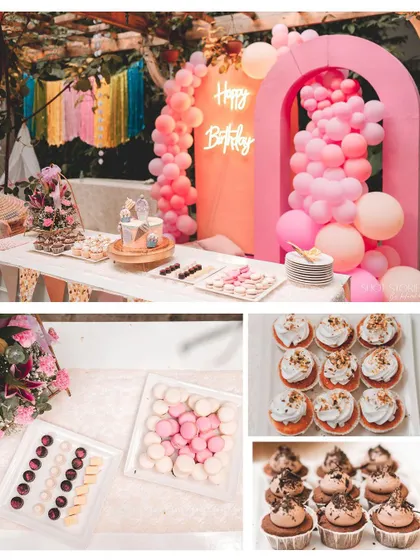 A collage of the dessert table and treats from an outdoor party. It shows the main cake table with a balloon arch, as well as close-ups of custom chocolates and cupcakes.