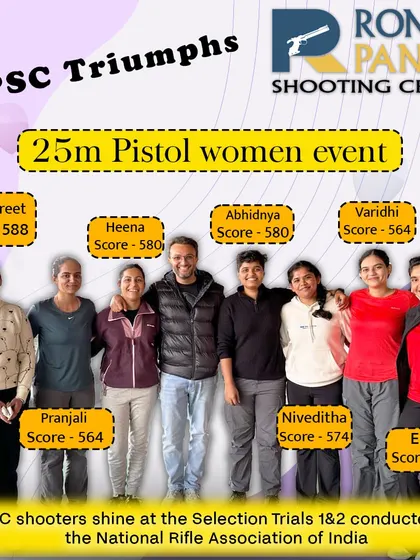 Our 25m Pistol women's team delivered great performances at the NRAI Selection Trials in New Delhi. With scores like Simranpreet's 588 and Esha's 586, we continue to set the benchmark for women's pistol shooting in India.