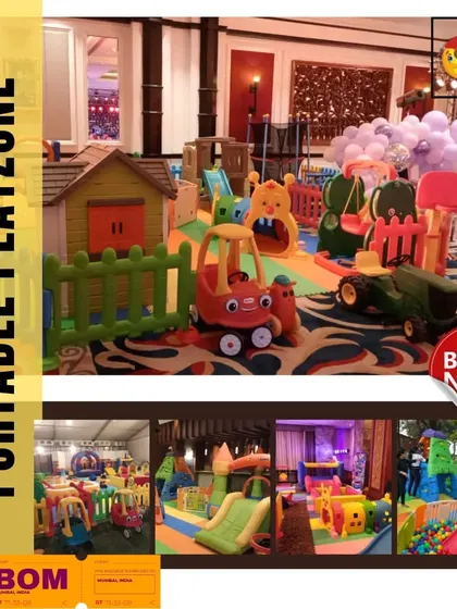 A collage of portable playzones in Mumbai, featuring a large indoor setup with a playhouse and ride-on cars, as well as other smaller setups. I deliver to any location in the city.