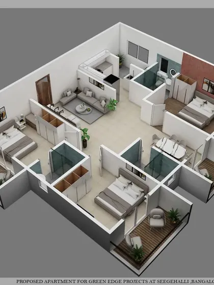 This is a 3D floor plan for a spacious 3BHK apartment. You can see how the layout maximizes space and flow, with an open-plan living and kitchen area, three bedrooms, and attached balconies for each room.