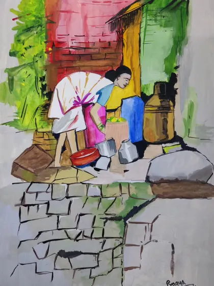 A completed gouache painting depicting a scene from daily life. The use of opaque colors creates a bold, illustrative style, different from transparent watercolors.