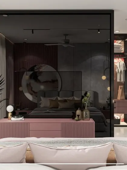 The master bedroom in the 'Contemporary Fusion' home, featuring a dark, moody aesthetic with a statement pink console and a glass-walled closet.