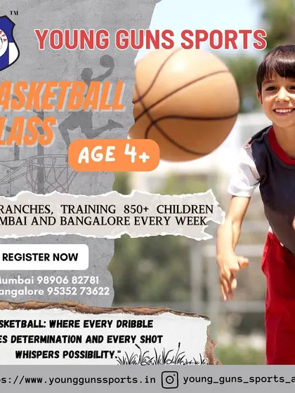 This graphic promotes our basketball classes for kids 4+, where every dribble echoes determination.