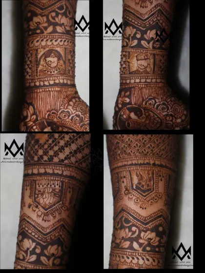 A collage of custom bridal elements, including bride and groom portraits (dulha-dulhan) and a sacred fire (agni) for the wedding ceremony.