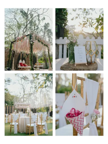 A collage of the beautiful, rustic-chic decor from Bhavika and Anuj's wedding. The outdoor mandap and sunset-lit table details create a warm and inviting atmosphere.