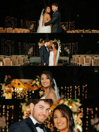 A collage capturing the romance of a Christian wedding reception at night, from the couple's first dance to intimate portraits under the lights.