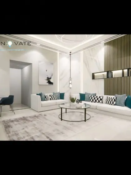 Another angle of the modern living room concept, showing the connection to a dining area. The consistent color palette creates a cohesive and harmonious space.