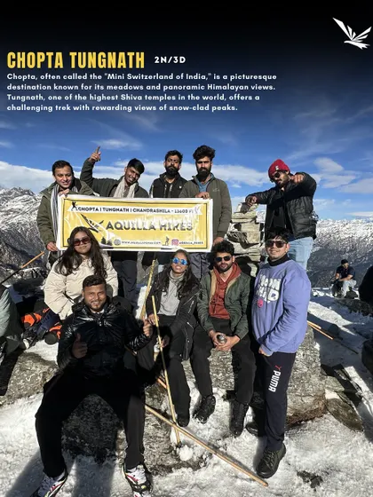 Our group at the top of the Chopta-Tungnath trek, also known as the 'Mini Switzerland of India'. The panoramic Himalayan views from here are truly rewarding.
