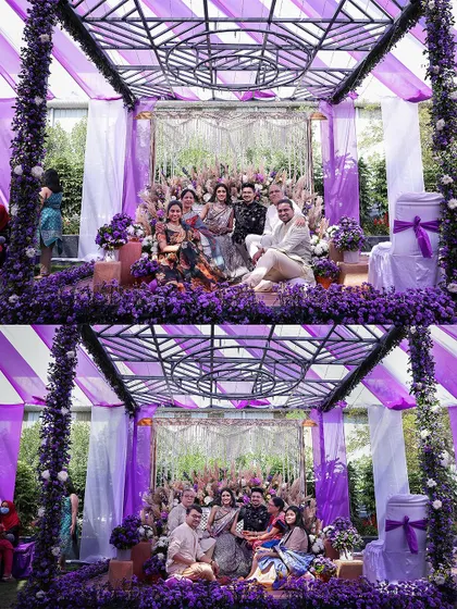 A wide shot of the stunning purple-themed decor and the family posing for a group photo.