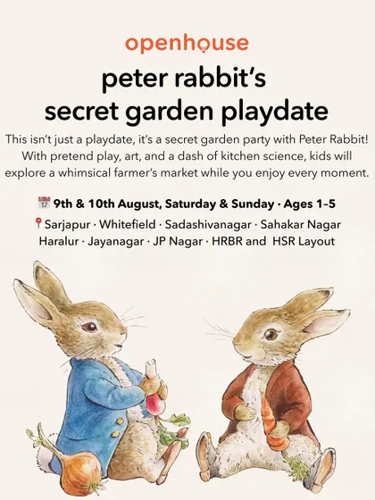 An invitation to Peter Rabbit's secret garden party. This playdate combines pretend play, art, and a dash of kitchen science, letting kids explore a whimsical farmer's market.