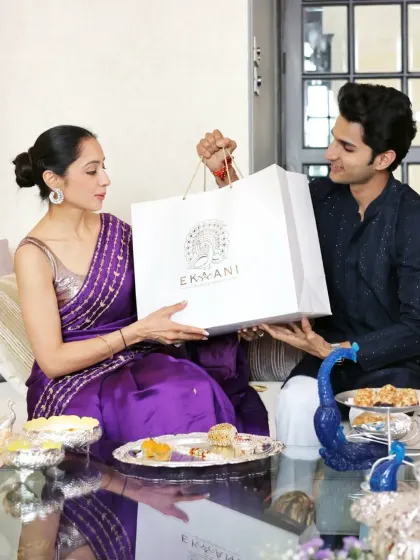 The perfect gift speaks the language of love. A brother presents his sister with a gift from my collection during Rakhi, a gesture that celebrates their bond with luxury and thoughtfulness.