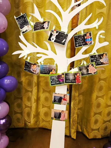 A memory tree is a wonderful way to display photos from the baby's first year. Each photo is clipped to the tree with a small note.