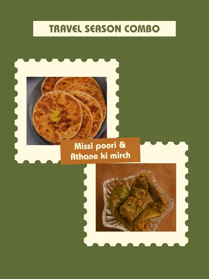 Our travel season combo featuring Missi Poori and Athane ki Mirch. These snacks are easy to carry, mess-free, and packed to stay fresh on road trips or flights.