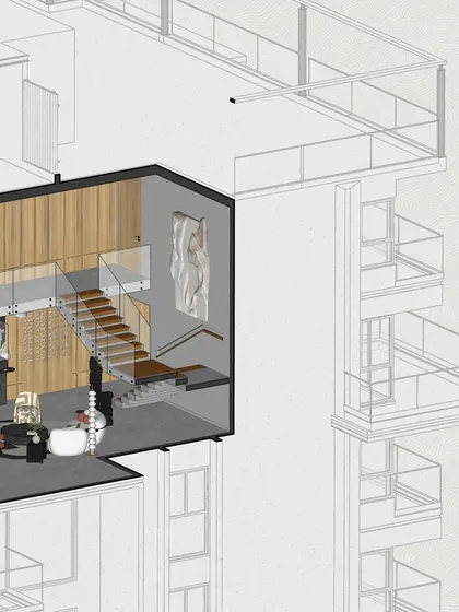 This detail of the axonometric drawing highlights the upper level and the staircase, showing how we plan for vertical circulation and double-height volumes.