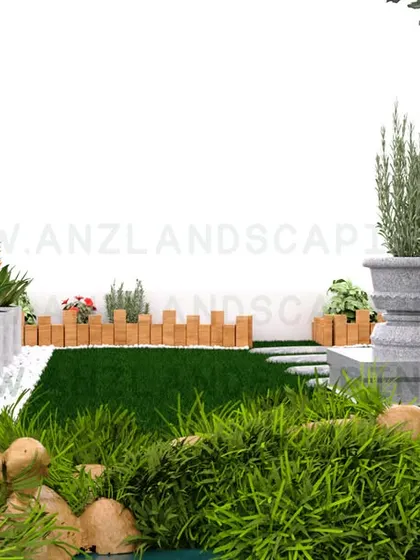 This 3D view highlights the planting details and decorative elements like urns and border fences, ensuring every part of the design meets the client's vision.