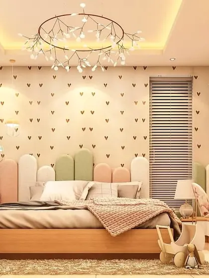 A sweet and simple kids' room design with a heart-print wallpaper. The custom headboard with multi-colored pastel panels adds a playful touch, while the wooden bed frame and toy basket keep the space warm and organized.