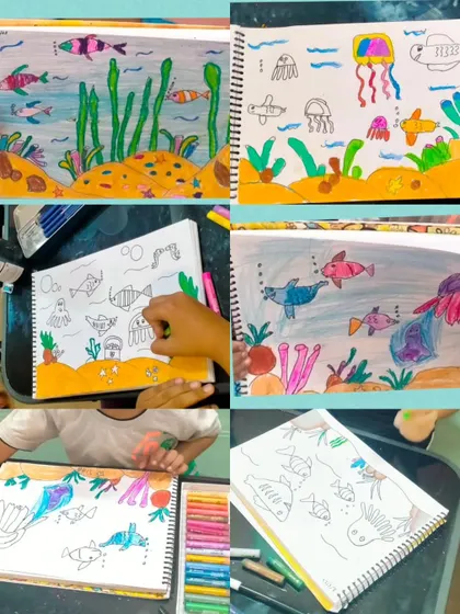 We explored the world under the sea in this drawing session. The kids created vibrant ocean scenes filled with fish, jellyfish, and coral reefs using oil pastels.