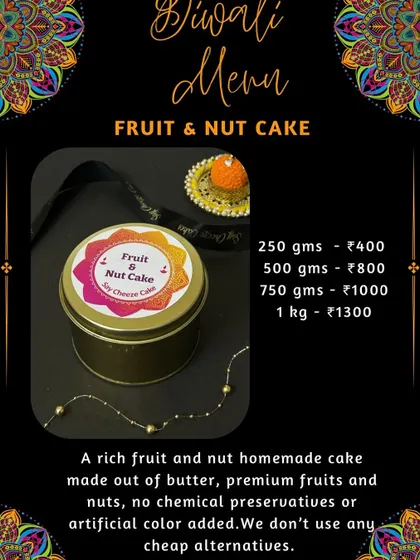 My special Diwali menu, featuring a rich, homemade fruit and nut cake. These festive tins are a popular choice for Diwali gifting, offering a traditional taste with a premium touch.