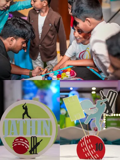 A collage from a cricket-themed party, showing kids engaged in themed games and activities.