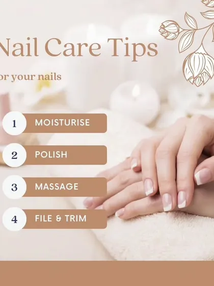 This graphic outlines four key steps for excellent nail care: moisturize, polish, massage, and properly file and trim. Following these tips will keep your nails healthy and beautiful.