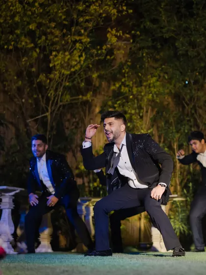 The groom's dance performance with his friends, a highlight of many Sangeet nights at Zorba.
