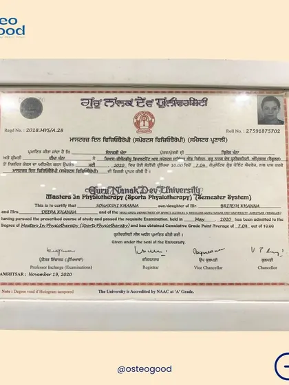 My Masters in Physiotherapy (Sports Physiotherapy) degree from Guru Nanak Dev University. This advanced degree provides me with specialized knowledge to treat athletes and complex sports injuries effectively.