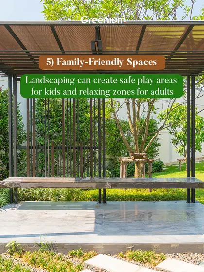 I design family-friendly spaces. Landscaping can be used to create safe play areas for kids and relaxing zones for adults, like this simple and modern shaded bench.