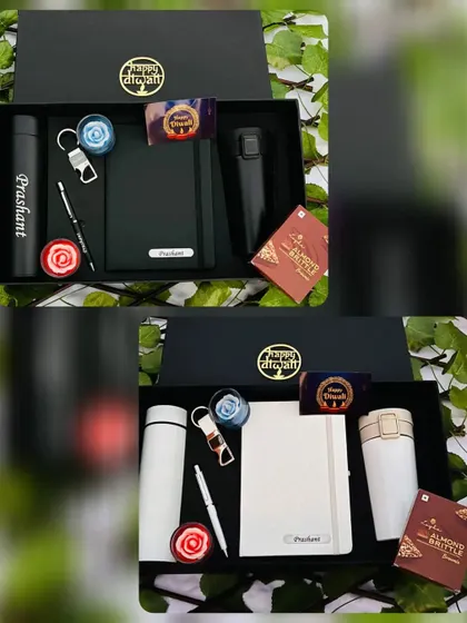 This collage shows the same premium gift set available in both black and white. The hamper includes a personalized bottle, diary, pen, keychain, and other accessories, making it a versatile gift option.