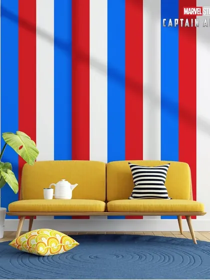 A patriotic and vibrant Captain America-themed wall with red, white, and blue stripes. It's a bold choice for a true fan.