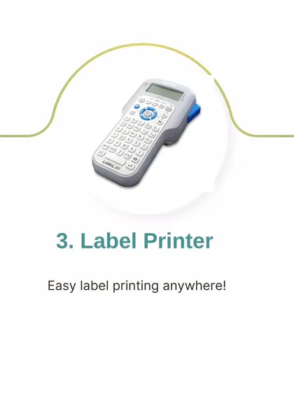 Our label printer is one of our most-used tools. It allows us to create clear, consistent, and professional-looking labels on-site, which is a crucial step in creating sustainable organizing systems.