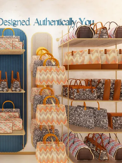 Another angle of the Zouk store, highlighting the curved shelving and modern Indian aesthetic.