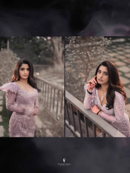 A diptych of the bride posing on a bridge at dusk, her elegant gown looking magical in the evening light.