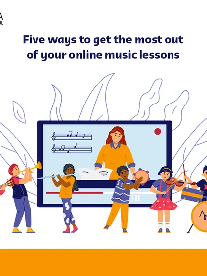 This graphic gives five key tips on how to get the most out of your online music lessons, from setting up your space to communicating with your teacher.