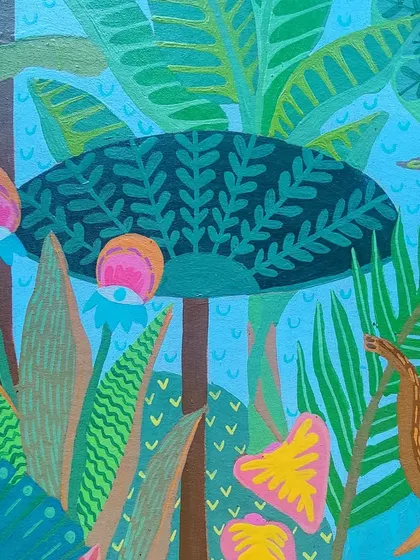 A final detail from the jungle scene, showing the whimsical, eye-like flowers and patterned mushrooms. These small, imaginative touches are what make a custom piece truly unique.