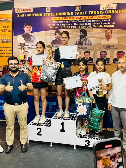 A proud moment for our academy as coach Kunal Kathuria stands with our players on the podium at the 2nd Haryana State Ranking Table Tennis Championships. Prisha Agarwal's bronze medal win is a highlight of her hard work.