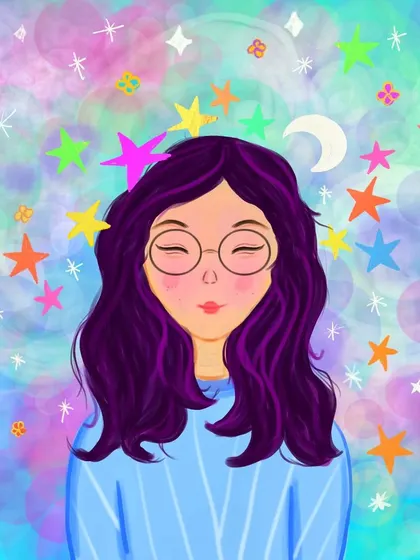 The same dreamy portrait with a slightly different background, showcasing a variation in the colorful, bokeh-like effect.