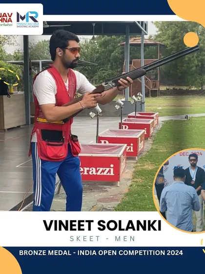 Celebrating our shooter Vineet Solanki, who won the Bronze Medal in the Skeet Men category at the India Open Shooting Championship, demonstrating his skill and our academy's effective training.