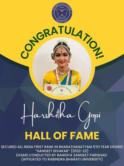 We are immensely proud to celebrate our student, Harshitha Gopi, who secured the All India First Rank in her 5th Year Bharatanatyam Degree exams. Her achievement is a reflection of her dedication and the high standard of training we provide.